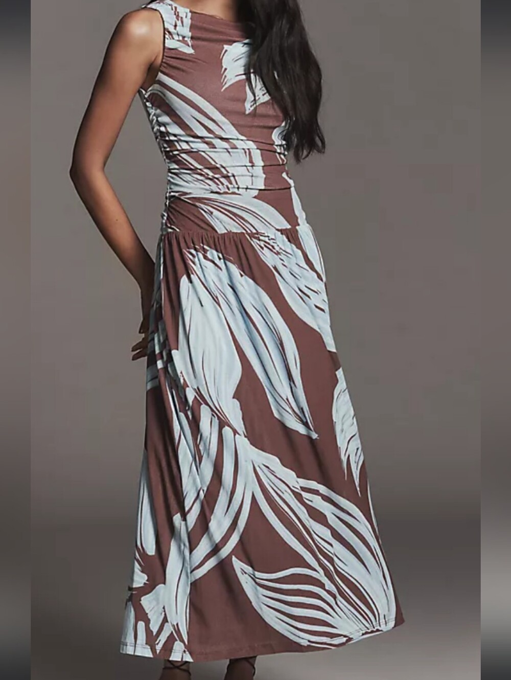 Sleeveless Brown & White Palm-Print Maxi Dress